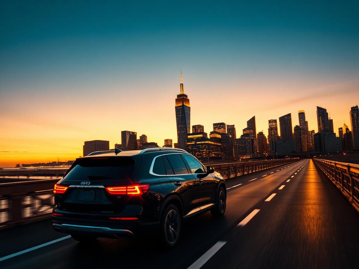 Black SUV crossing Brooklyn Bridge